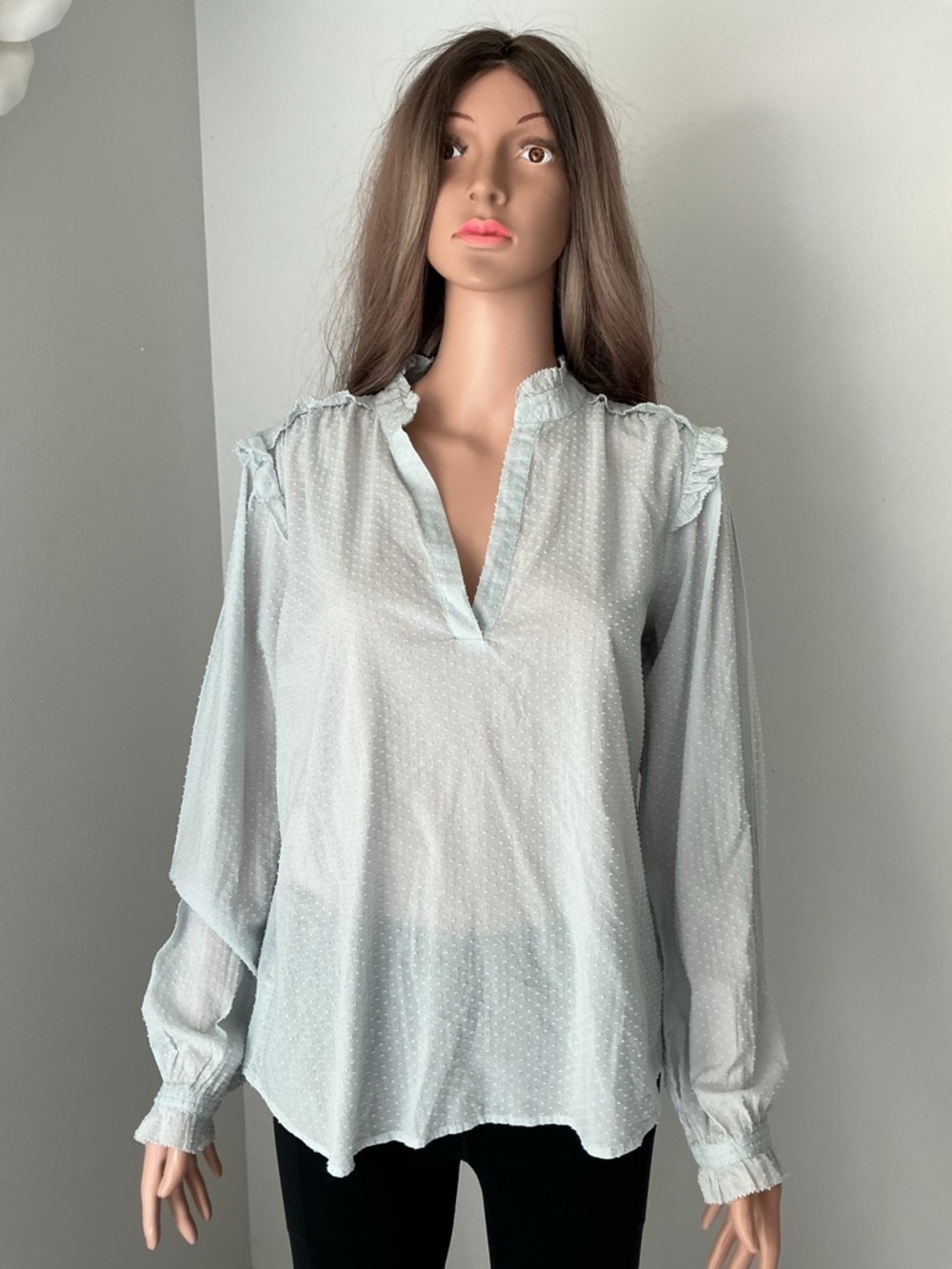 J. Crew Pale Blue Swiss Dot Ruffle-Shoulder Blouse